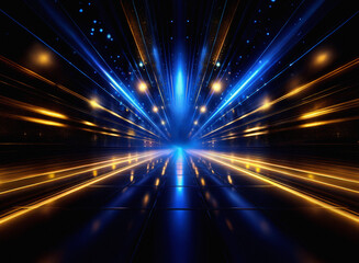 Obraz premium Grainy texture, vibrant blue and gold light streaks converge in a dark, symmetrical, futuristic tunnel. The reflective surface creates a mirrored effect, enhancing the speed and energy.