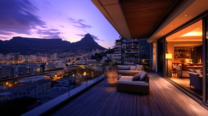 A luxurious penthouse balcony overlooking a vibrant cityscape at dusk
