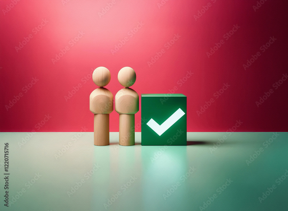 Aufkleber Grainy textured image of two wooden figures standing beside a glowing green cube displaying a checkmark.  Symbolic of agreement, confirmation, or a task completed.