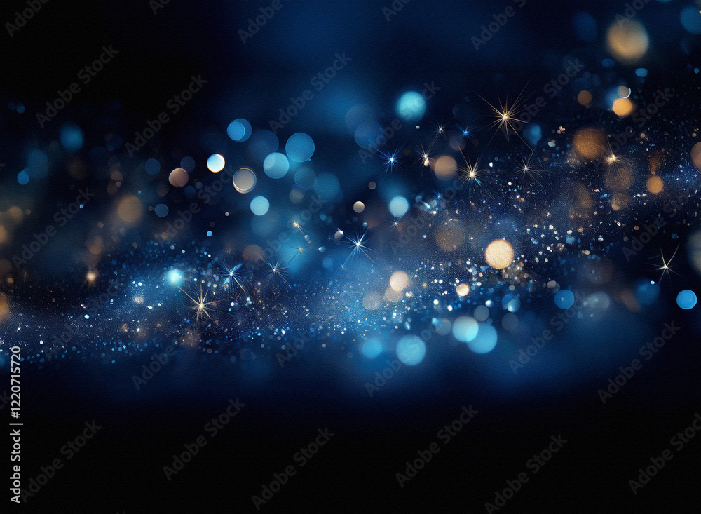 Poster Abstract image with a grainy texture.  A dark blue background features shimmering gold and blue lights, creating a sense of depth and movement.  The bokeh effect adds a dreamy, ethereal quality.