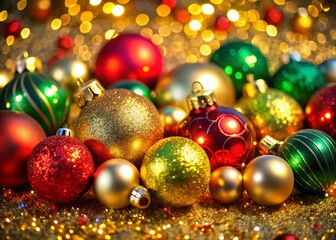 Fototapeta premium Festive Christmas Ornament Flat Lay with Bokeh Lights - Holiday Background