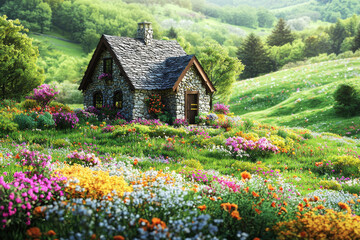 Fototapeta premium Charming stone cottage nestled in a blooming garden surrounded by rolling green hills under natural lighting