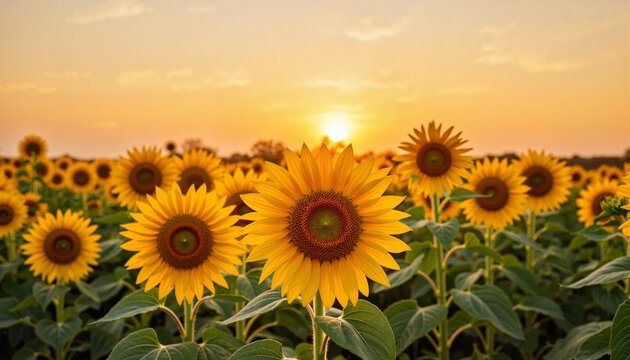 Sunflower field blooming at sunset, nature's vibrant beauty