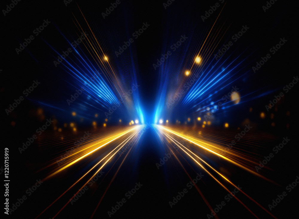 Poster grainy texture of speeding lights at night, streaks of blue and gold illuminate a dark, urban roadwa