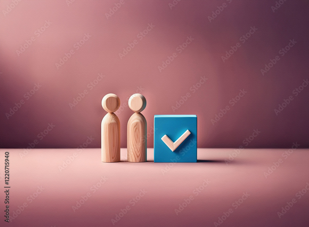 Poster grainy texture image shows two wooden figures standing beside a blue cube with a checkmark. simple, 