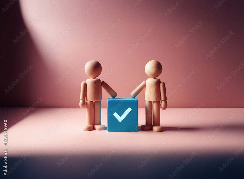 Poster two wooden figures stand beside a grainy-textured blue cube with a checkmark, symbolizing agreement 