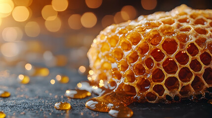 Golden honeycomb dripping honey on dark surface, bokeh background, food photography