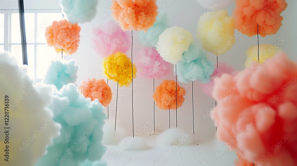 Wall mural colorful 3d rendering of fluffy flower-like objects. the flowers are in various pastel colors and ap