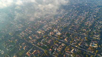 Naklejka premium Aerial drone footage urban pollution levels across neighborhoods - environmental insights