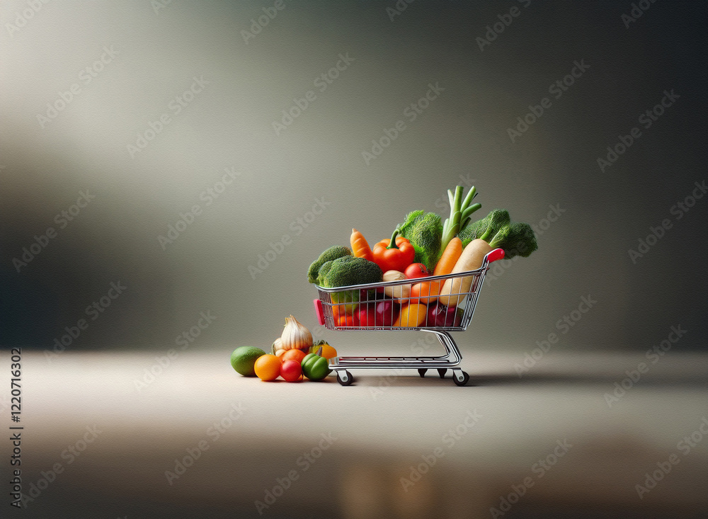 Poster a miniature shopping cart overflows with vibrant vegetables. the grainy texture of the image adds a 