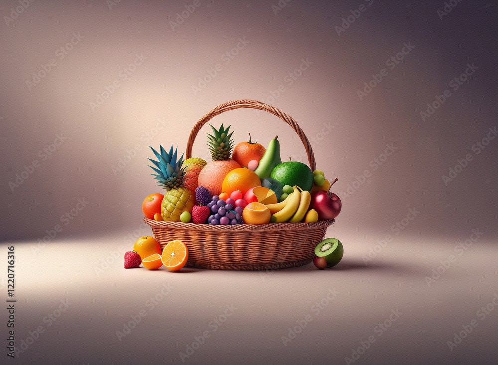 Aufkleber A wicker basket overflows with a vibrant array of fresh fruits.  The grainy texture of the image adds a unique quality.