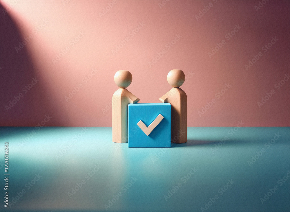 Poster Two wooden figures collaborate, presenting a grainy-textured blue cube with a checkmark.  The scene is minimalist and subtly lit.