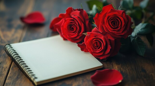Romantic valentines day concept with red roses and empty notebook for love notes - Powered by Adobe