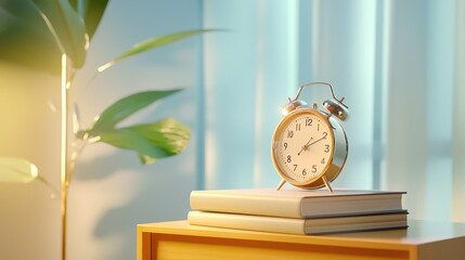 Naklejka premium Bedside table holding a vintage alarm clock and a stack of books, symbolizing peaceful nights.