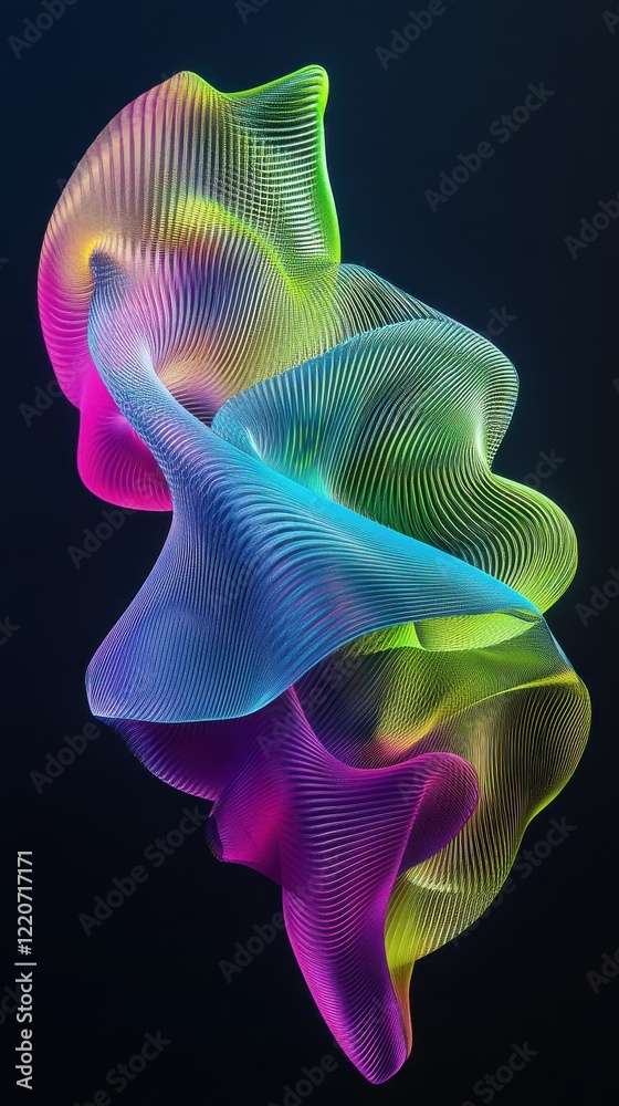 Poster Neon-inspired abstract forms create vivid lime waves with flowing colors in a dark setting