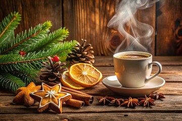 Festive Holiday Coffee Scene: Gingerbread Star, Cinnamon, Oranges & Pine Cones