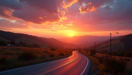 Fototapeta premium Winding road at sunset in scenic countryside
