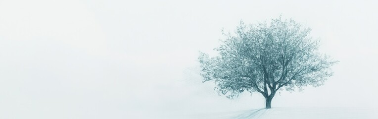 Obraz premium Minimalist pencil silhouette of a tree in a serene winter landscape evoking tranquility and simplicity