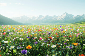 Fototapeta premium Colorful wildflowers bloom in peaceful meadow against majestic mountain backdrop under clear blue sky