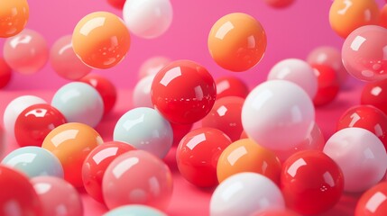 3D rendering of a bunch of glossy balls in various pastel colors against a pink background.