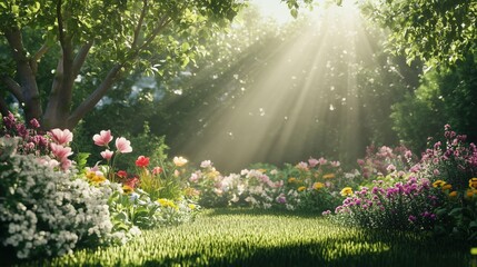 Obraz premium A bright and sunny spring garden with colorful blooms and greenery, leaving ample copy space for text or design.