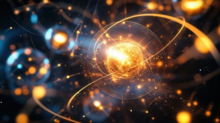 Subatomic particles illuminated with soft light, moving randomly in a vast, dark space.