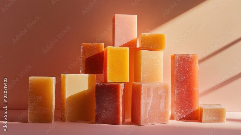Poster elegant arrangement of pastel amber and coral blocks creates a soothing visual display in warm light