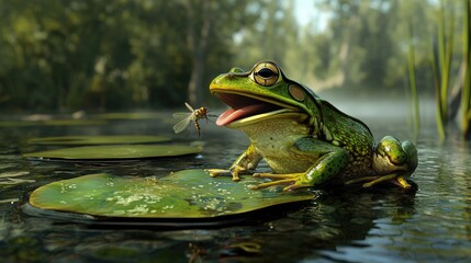 Green Frog on Lily Pad Catching a Dragonfly