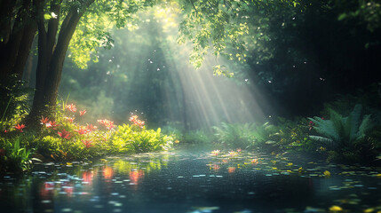 Fototapeta premium Magical Forest Pond Sunlight Rays Peaceful Nature Scene Tranquil Serene Landscape Beautiful Calm 