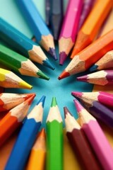 Naklejka premium Assortment of colored wooden pencils scattered , colorful, rustic, stationery