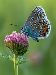 Obraz premium Butterfly resting on vibrant pink clover flower in a sunlit meadow during springtime