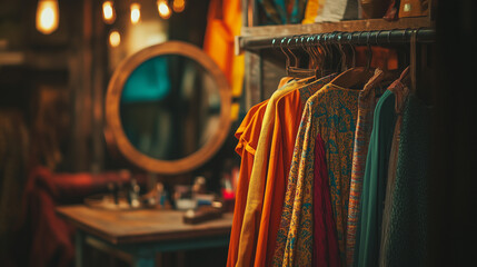 Obraz premium Backstage dressing room filled with colorful costumes and props, symbolizing creativity, preparation, and the magic of transformation in performing arts.