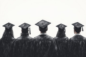 Back view of graduates in traditional black caps and gowns standing together, symbolizing academic success, achievement, and a new chapter in life.