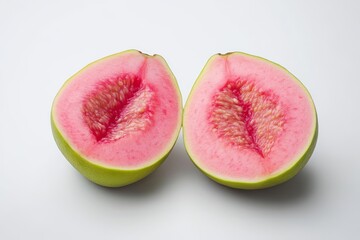 A vibrant pink-fleshed guava cut in half, showcasing its unique texture and color against a simple white background.