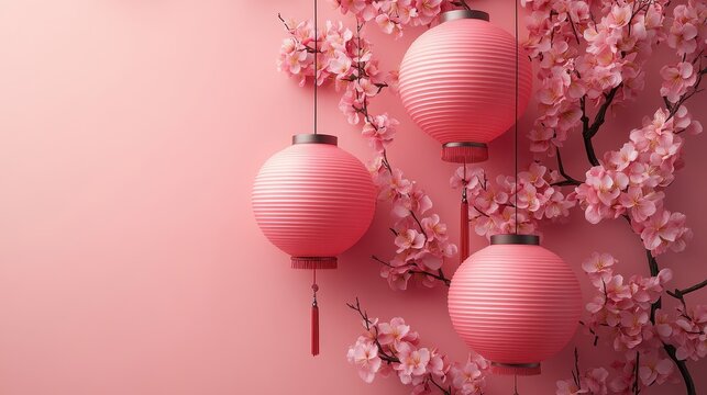 Elegant chinese new year celebration with pink lanterns and cherry blossoms design for festive decor