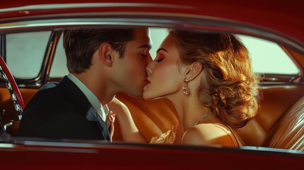 Naklejka premium Romantic valentine’s day couple sharing a kiss in vintage car interior