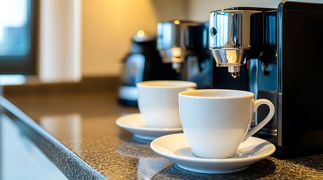 Modern kitchen espresso machine brews coffee