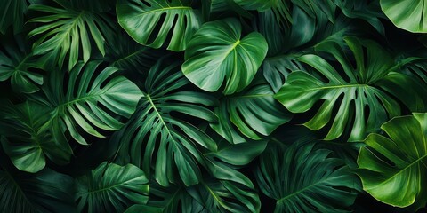 Fototapeta premium Green palm leaf texture background, a close-up photo of a green leaf pattern for a tropical wallpaper design. 