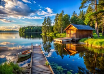Fototapeta premium Finnish Sauna Lake Summer Landscape - Traditional Wooden Hut & Fishing Boats