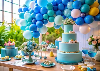 First Birthday Party Panoramic: Blue Cake, Meringues, Balloons & Gourmet Cafe Decor