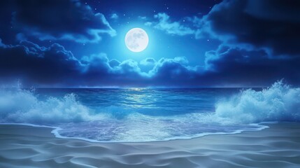 Ocean waves crashing on a blue sandy beach, with deep blues filling the entire scene.