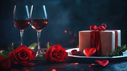 Romantic valentine's day dinner setting with roses, wine, and gift box