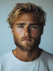 Fototapeta premium Sun-Kissed Man with Blonde Hair and Beard: A handsome man with sun-kissed skin, piercing blue eyes, and a neatly trimmed blonde beard. His windswept hair adds a touch of effortless cool to his look.