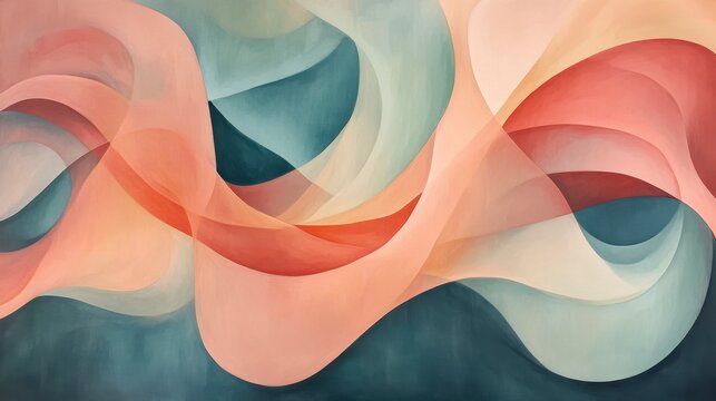 A lyrical abstract with smooth looping lines in harmonious shades of coral and teal