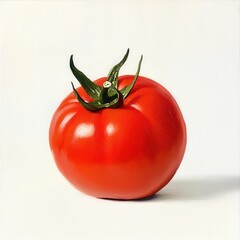 Vibrant red tomato with green stem presents fresh garden appeal in simple setting