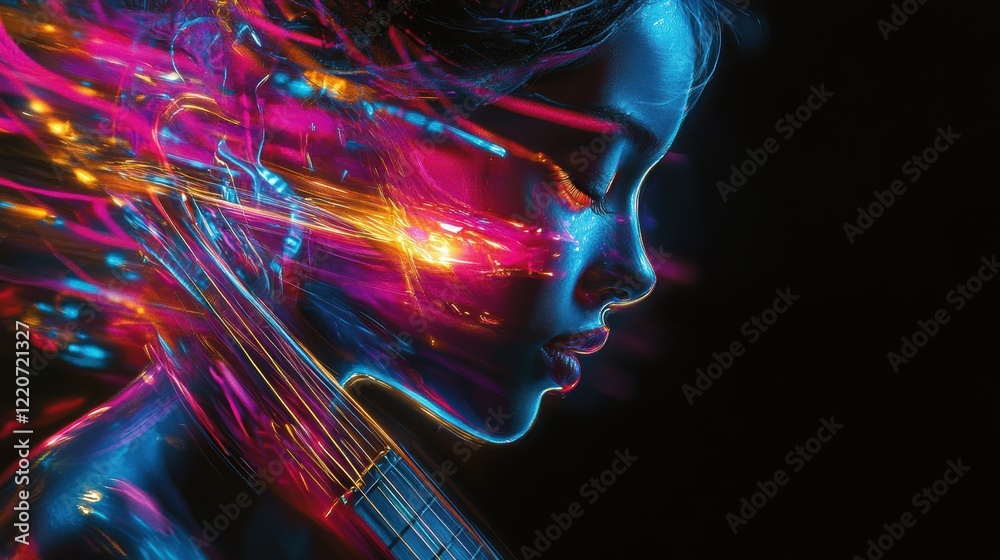 Poster Vibrant portrayal of a woman's profile illuminated with colorful light patterns in a dark setting