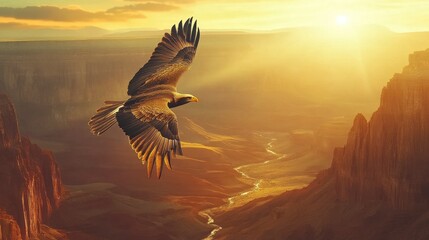 Naklejka premium A majestic eagle soaring over a canyon with a dramatic sunrise in the background