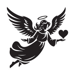 Graceful romantic flying angel creating love-filled moments - Angel silhouette - Angel vector - Angel illustration - valentine silhouette - love silhouette
