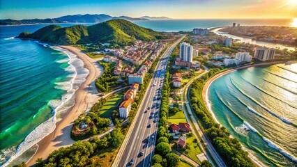 Fototapeta premium Florianopolis Coastal Highway Aerial View: Sunny Day in Santa Catarina, Brazil