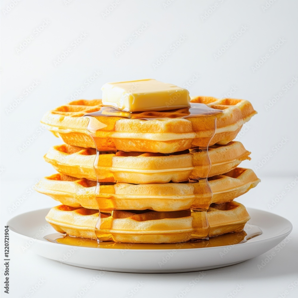 Poster fluffy golden waffles stacked high with melting butter and syrup ready to enjoy in a cozy breakfast 